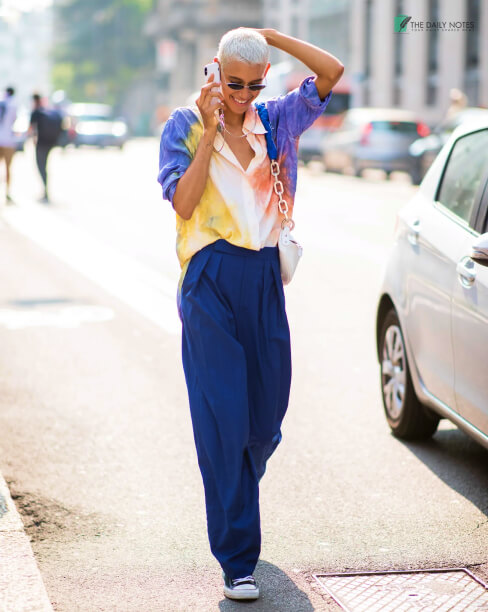 Breezy Tie Dye Button Downs Paired With Dark Blue Pleated Pants