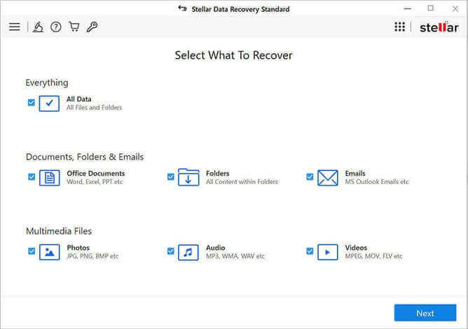 Launch the software and from the main screen, select the type of file you need to recover and click the Next button.