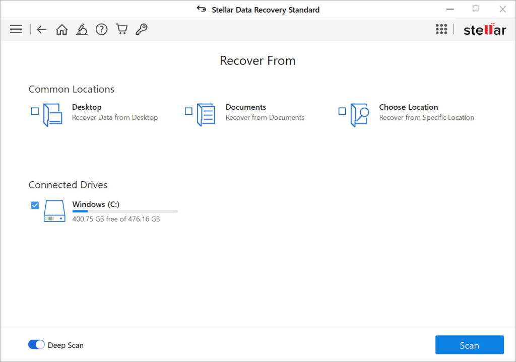 Now, from the “Recover From” window, choose the drive from where you need to recover your formatted data and click the Scan button.
